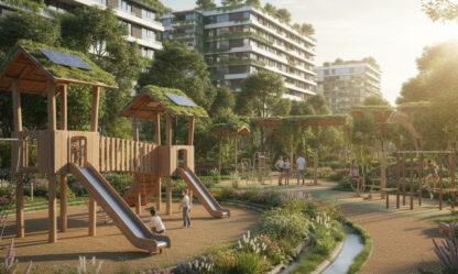 Diseño de parque infantil con arquitectura regenerativa y juegos de madera Recreatec BB