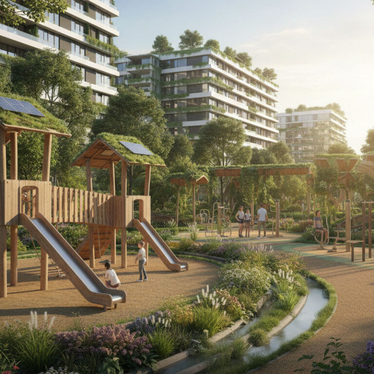 Diseño de parque infantil con arquitectura regenerativa y juegos de madera Recreatec BB