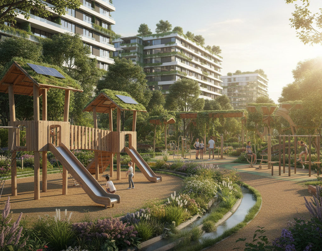 Diseño de parque infantil con arquitectura regenerativa y juegos de madera Recreatec BB